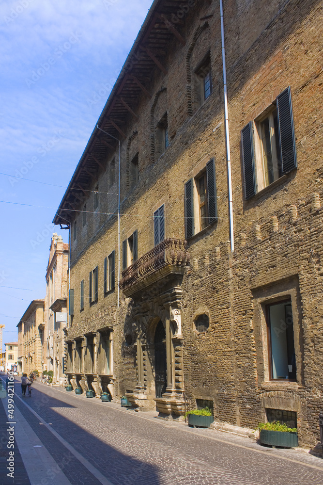  Street with historical old buildings in downtown of Pesaro