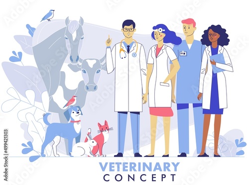 Veterinary concept with livestock animals, pets and doctors team in vet clinic.
