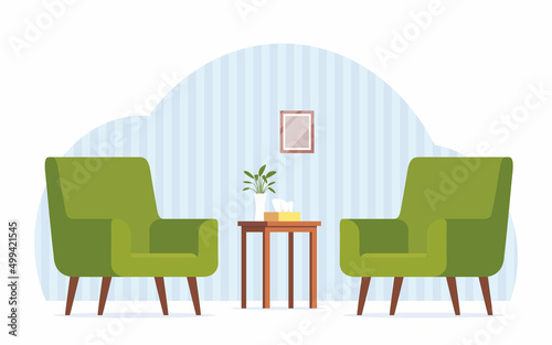 Two green armchairs opposite each other. Armchairs for psychological consultation. Table, box of napkins, flowers. Comfortable interior, office for psychotherapeutic consultations. Vector