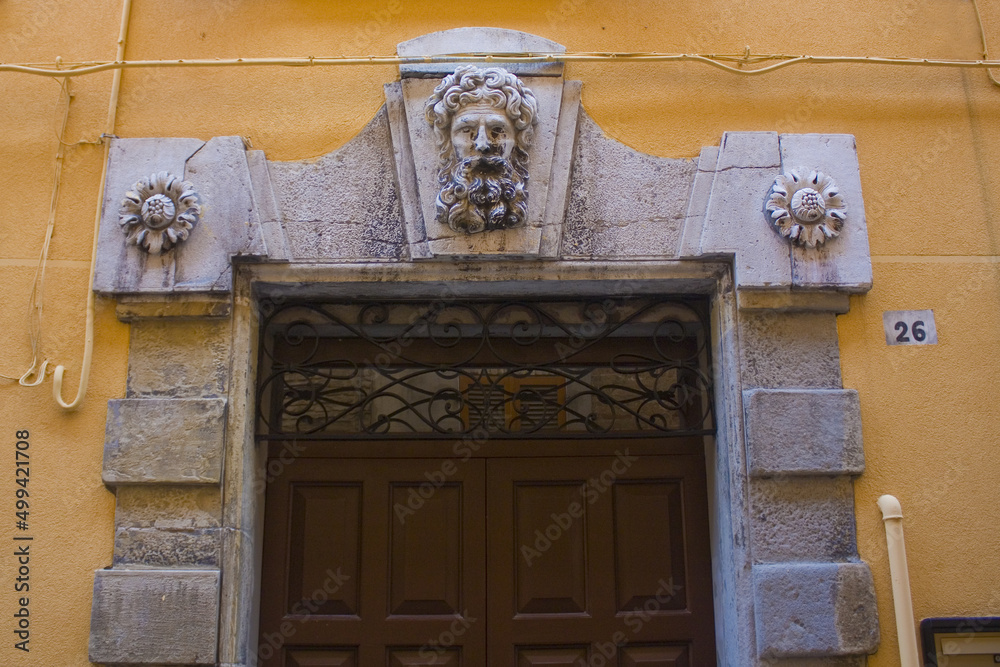 Rich decoration of old historical building in Pesaro, Italy