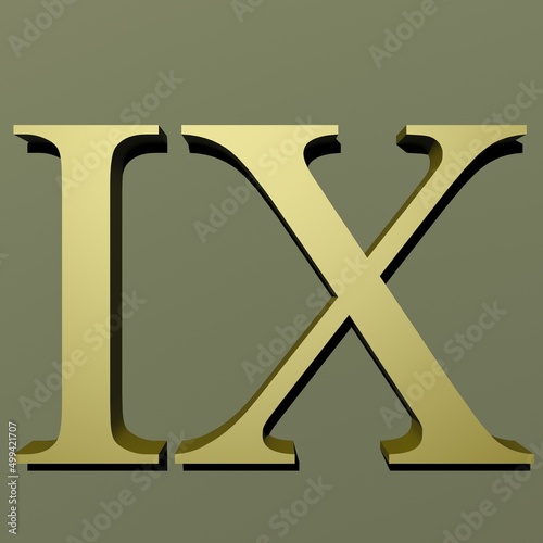 Roman numerals. Roman numeral 9. Roman nine. 3D render illustration.