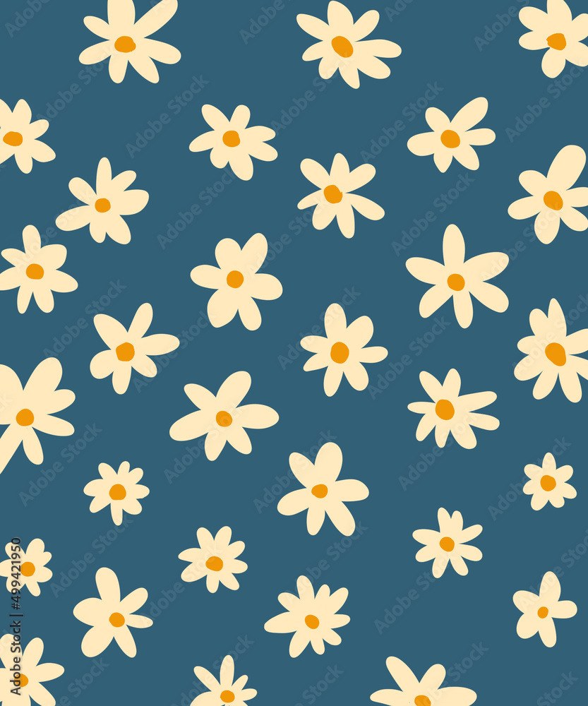 Chamomile flowers pattern on blue background