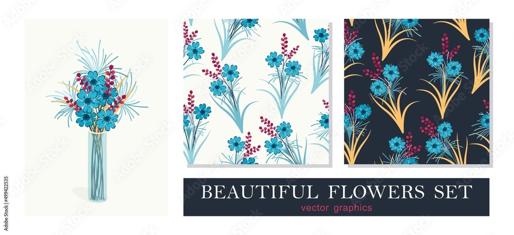 Colorful rich bouquet of flowers in a vase. Simple trendy graphics. Floral decoration set of bouquet and seamless patterns. Vector graphics Colorful rich bouquet of flowers in a vase. Simple trendy graphics. Floral decoration set of bouquet and seamless patterns. Vector graphics