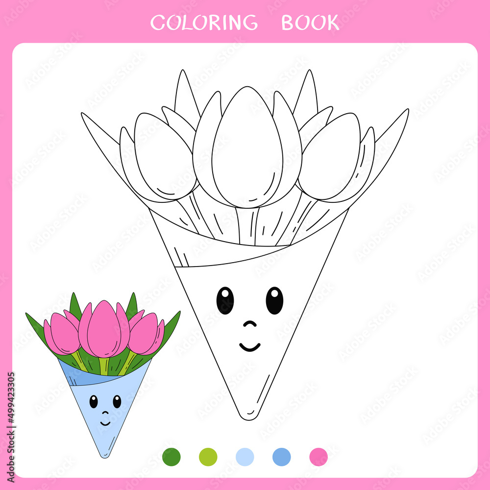 Simple educational game for kids. Vector illustration of cute bouquet of tulips for coloring book