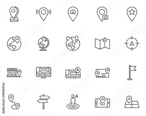 set of location map line icons, destination, navigation