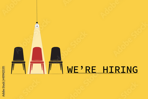 Hiring and recruitment poster or banner vector concept in minimalist style with CHAIR . Symbol of vacancies, job offers, career development, job advertisement. Eps10 vector illustration