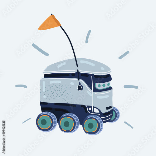 Vector illustration of food delivery robot is driving on the sidewalk. The Robots are delivering food