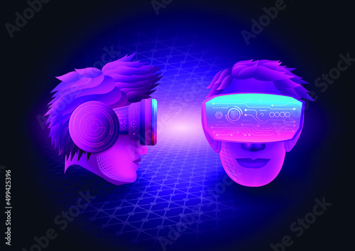 Metaverse Technology concept.Two man head use VR virtual reality goggle for experiences of metaverse virtual world photo