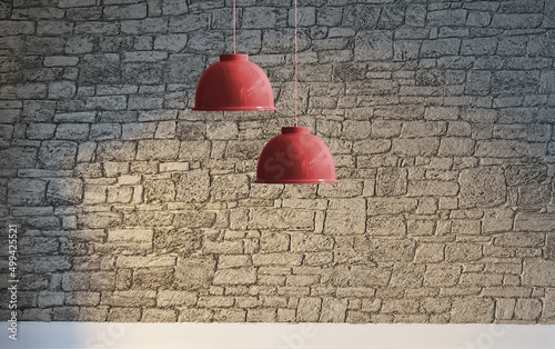empty house interior design and lamp stone brick wall. 3D illustration