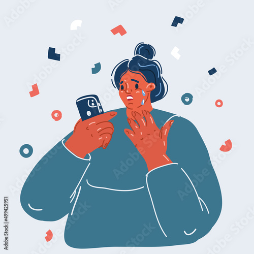Vector illustration of Sad woman checking smart phone, learning bad news and crying