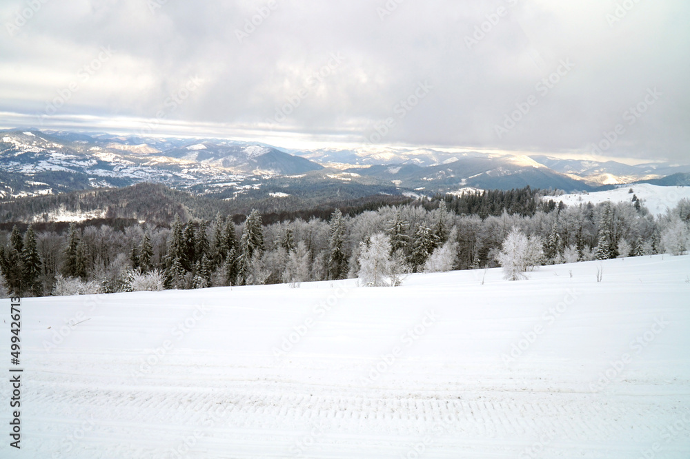 Top view of one of the Carpathian Mountains on a winter day.