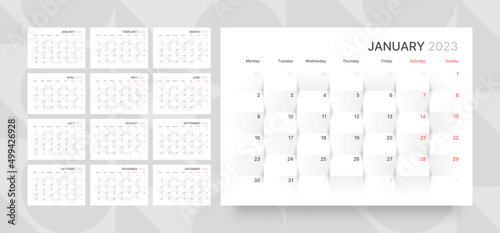 Wallpaper Mural Monthly calendar template for 2023 year. Planner diary with 3d paper background. Week Starts on Monday. Wall calendar in a minimalist style. Torontodigital.ca