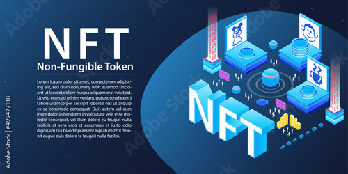 NFT Non Fungible Token vector illustration. Dark web banner background with NFT isometric icons.