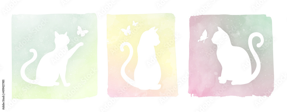 Watercolor frame cats and butterflies silhouettes vector