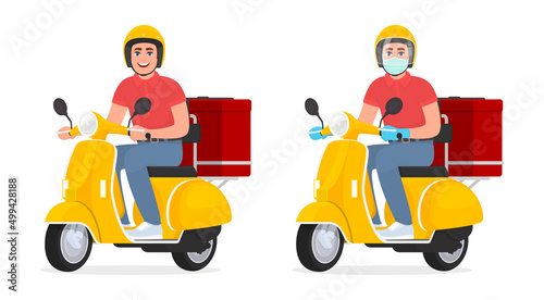 Courier or delivery man in face mask and gloves riding scooter. Young person on the moped carrying food parcel packs. Safety fast delivery service during corona virus epidemic. Vector illustration.