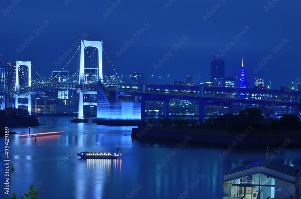 東京都お台場から見るレインボーブリッジと東京タワーの夜景