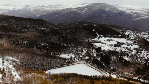 Winter landscape in Cubuk Karagol Nature Park. Snowy forests and mountains. Ankara Cubuk in Turkey. drone shooting