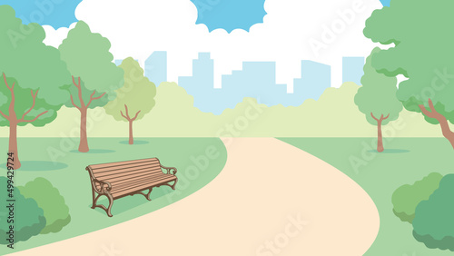 緑の多い公園のイラスト【ベンチ・青空・都市・自然・芝生。木々】