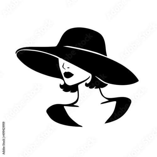 Portrait lady with an elegant hat on white background. Beauty logo design. Vector illustration of a beautiful woman.