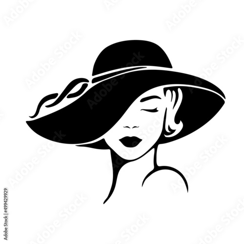 Portrait lady with an elegant hat on white background. Beauty logo design. Vector illustration of a beautiful woman.