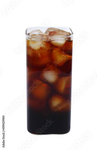 Iced espresso cold brew coffee in square glass isolated on white background clipping path included
