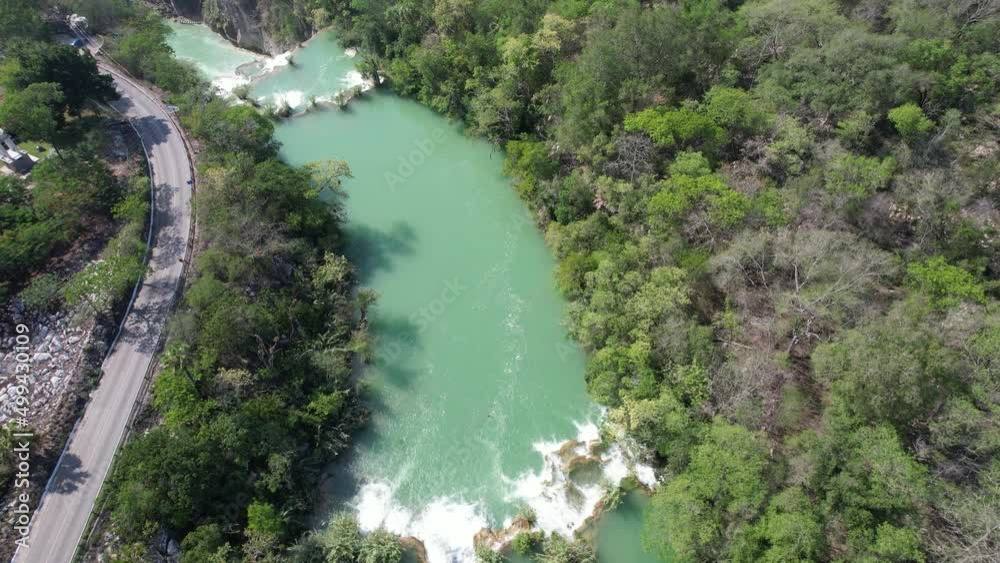 The fantastic aerials of El Meco Waterfalls in San Luis Potosi, Huasteca Potosina, México. One of the best waterfalls in Mexico The fantastic aerials of El Meco Waterfalls in San Luis Potosi, Huasteca Potosina, México. One of the best waterfalls in Mexico