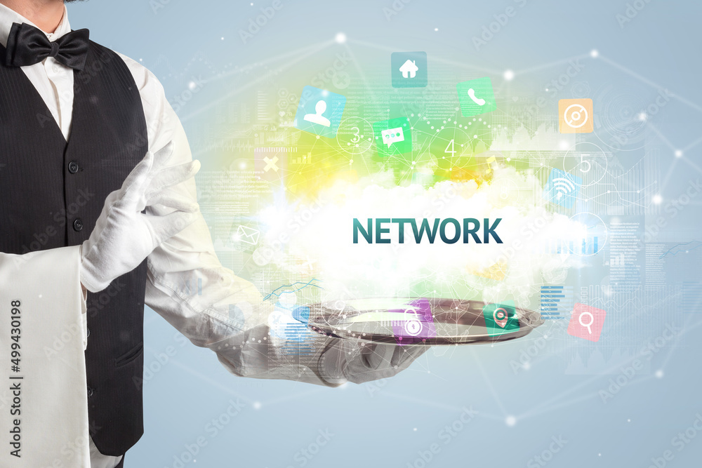 Waiter serving social networking concept Waiter serving social networking concept