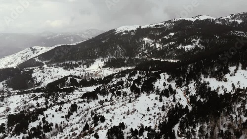 Winter landscape in Cubuk Karagol Nature Park. Snowy forests and mountains. Ankara Cubuk in Turkey. drone shooting
