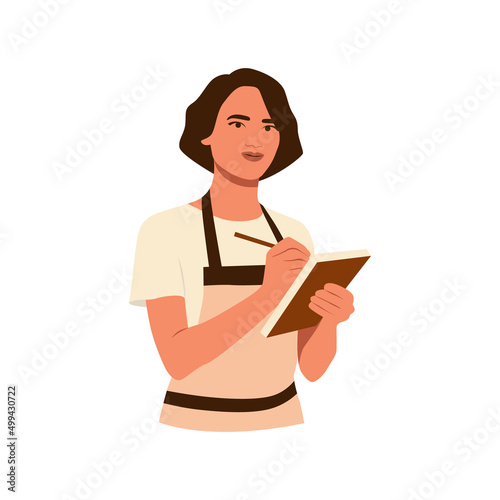 Young smiling girl barista wearing apron holding pen notebook for clients. Working as barista. Coffeeshop and cafeteria. Service, station and lunch. Hand drawn flat vector illustration of character