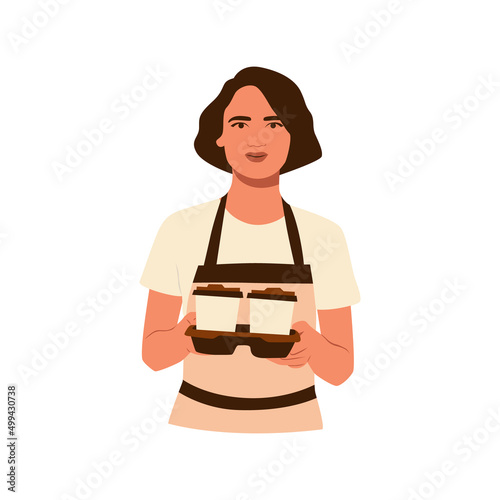 Young smiling girl barista wearing apron holding coffee cups box for clients. Working as barista. Coffeeshop and cafeteria. Service, station and lunch. Hand drawn flat vector illustration of character