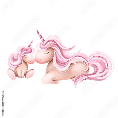 Hand drawing watercolor - cute sleeping unicorn on moon. For designing party invitations, stickers, greeting cards, flyers, covers. Girls clipart isolated on white. Baby pink unicorns