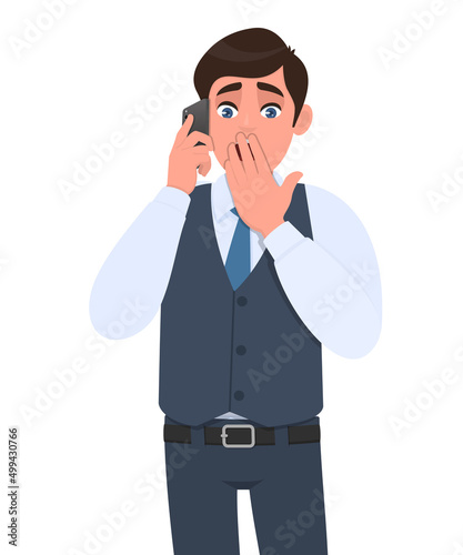 Scared young businessman in waistcoat speaking on the phone and covering hand on mouth. Shocked trendy person calling to mobile. Male talking over the cellphone. Cartoon design illustration in vector.