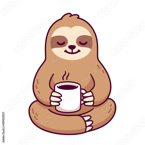 Cute cartoon sloth with cup of coffee