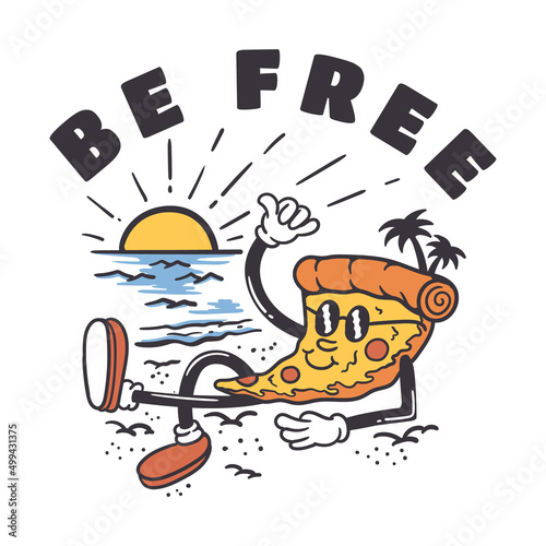 mascot character illustration of a slice of pizza relaxing on the beach