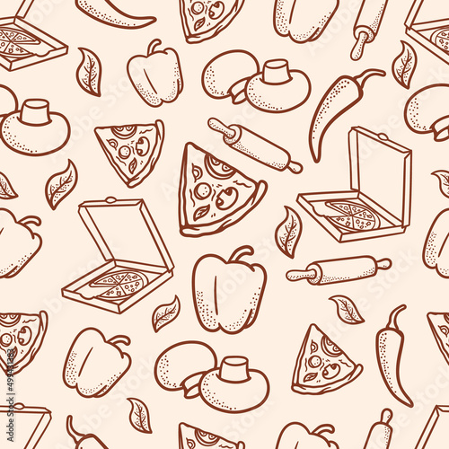 hand drawn seamless pizza pattern and ingredients in vintage style