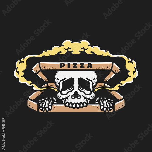 pizza box illustration with skull sticking out from the inside