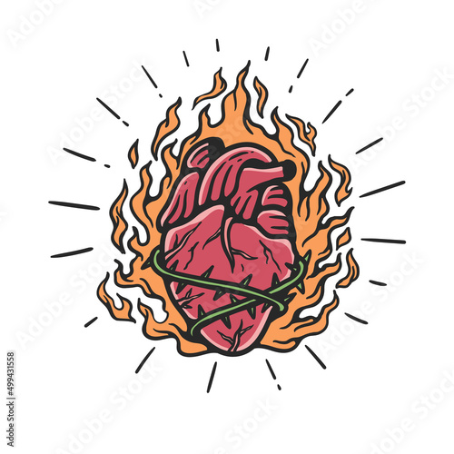 illustration of heart bound with thorns and burning