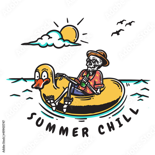 skeleton relaxing on the beach floating on an inflatable yellow duck on white background