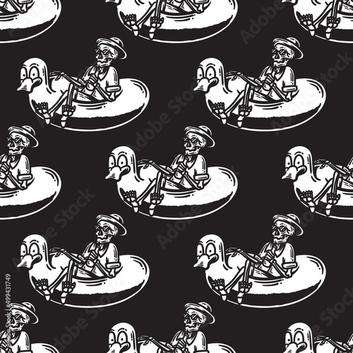 seamless pattern skeleton relaxing on the beach floating on an inflatable yellow duck