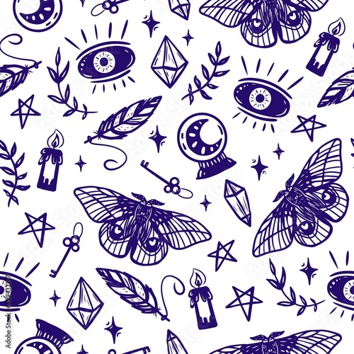 Decorative seamless pattern with esoteric mystical symbols