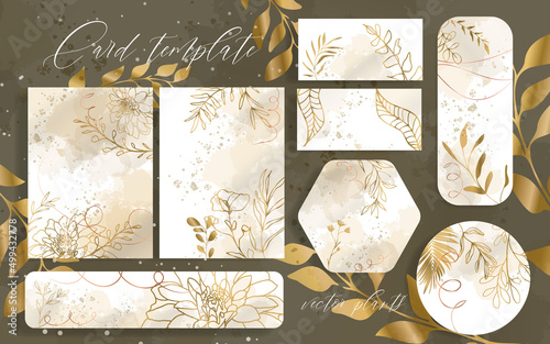 Set Invitation Card Leaves Background - Hand drawn colorful plant set modern and universally usable. Flower branch and minimalistic plants. Hand drawn lines, elegant leaves for your own design.
