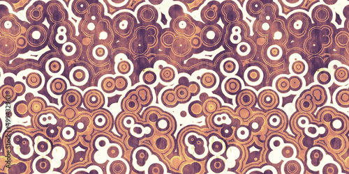Retro classic 70s circles and bubbles wallpaper pattern. Geometric grunge watercolor seamless textile design background in warm nostalgic vintage faded orange, yellow and violet brown. 3D Rendering.