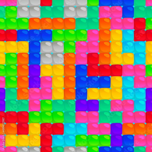 tetris board game colorful plastic bricks shiny glossy texture vector kawaii seamless pattern Gift Wrap wallpaper background