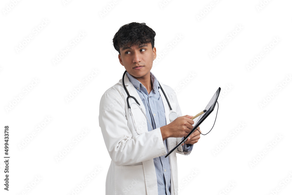 Young peruvian male doctor pointing at a document in a folder, isolated. Young peruvian male doctor pointing at a document in a folder, isolated.