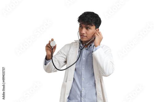 Portrait of a young peruvian male doctor using the stethoscope, isolated.