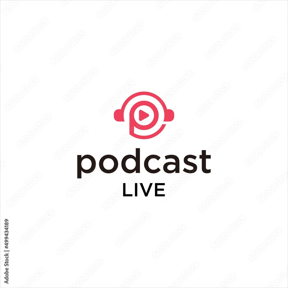 live media podcast logo. letter P play and microphone vector logotype