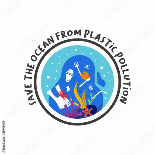 Save the ocean from plastic pollution flat illustration vector concept suitable for world environment day, world ocean day or ecological campaign