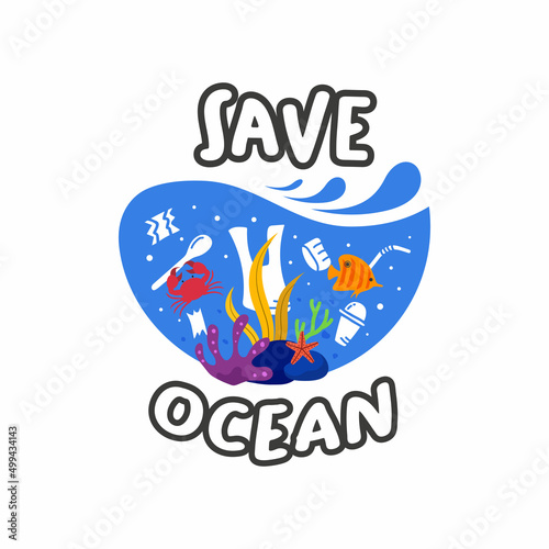Save the ocean with wave background flat illustration vector concept suitable for world environment day, world ocean day or ecological campaign