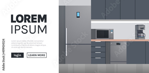 Modern kitchen interior no people and home appliances web homepage flat design illustration. 