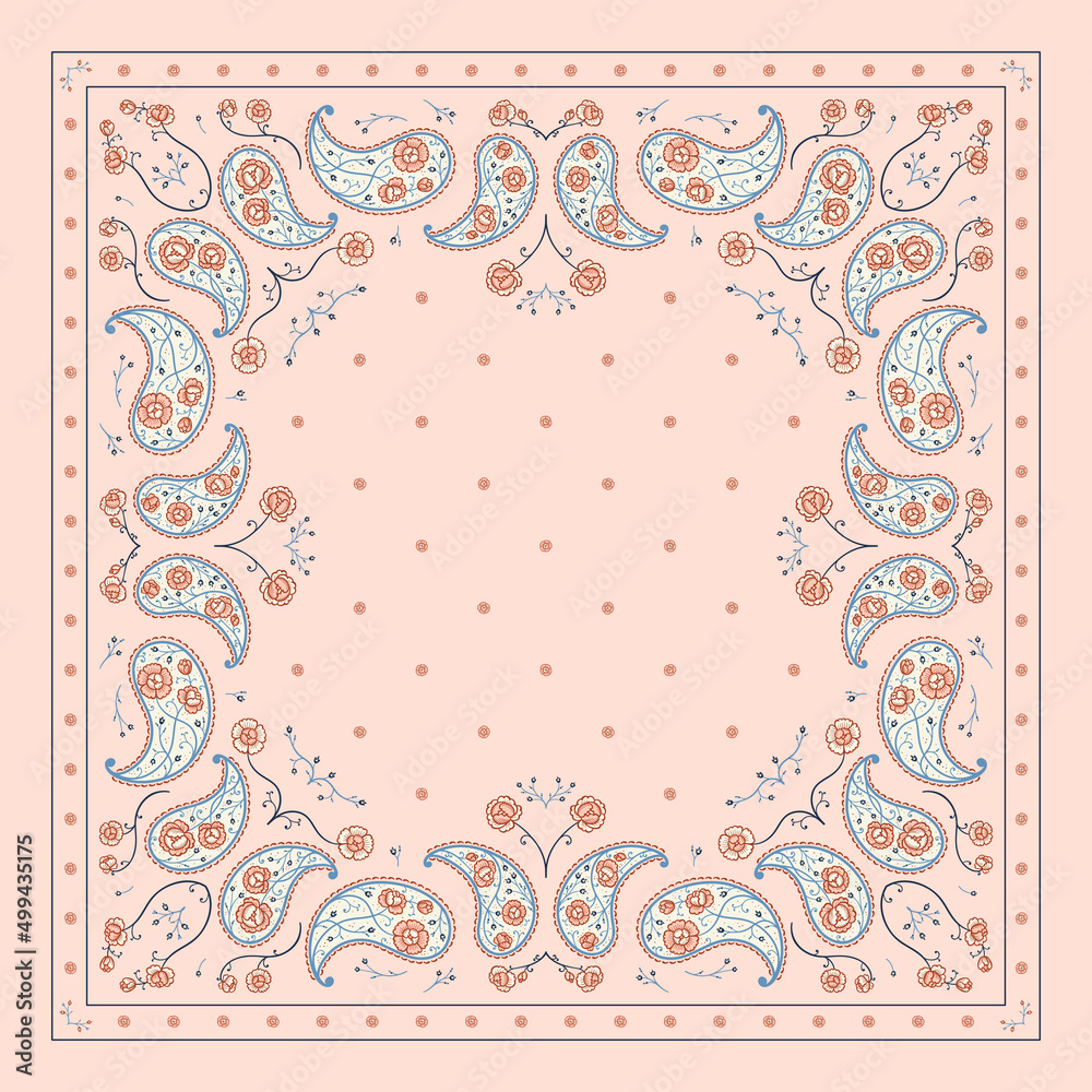 Paisley Bandana Print. Vector Floral Square Pink Ornament with Stylized Peony Flowers and Small Bluebells. Vintage Oriental Silk Neck Scarf, Headscarf or Kerchief design